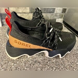 Sorel Black Knit Sneakers with Tan Heel Accent